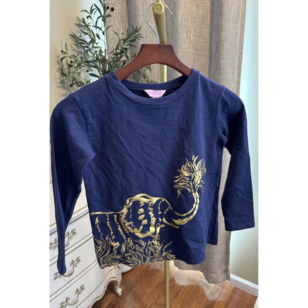 LILLY PULITZER Girls Navy Gold Elephant Graphic Long Sleeve Tee Size L 8-10